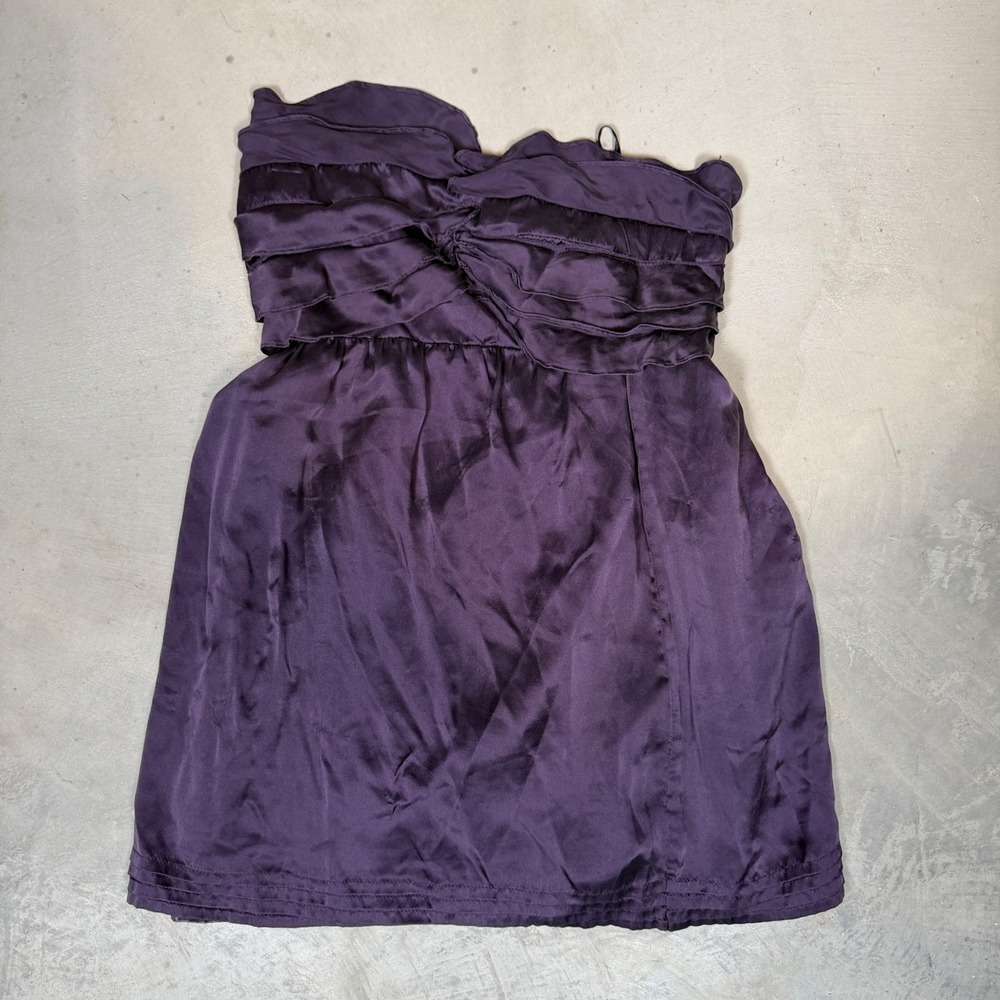 Ya Da Purple 100% Silk Strapless Ruffle Mini Dress Womens Medium Plum